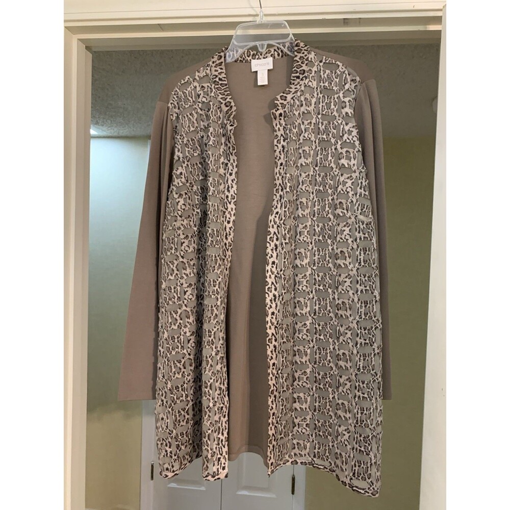 Chico's Leopard Print Cutout Mesh Knit Long Sleeve Open Cardigan Size XL 3